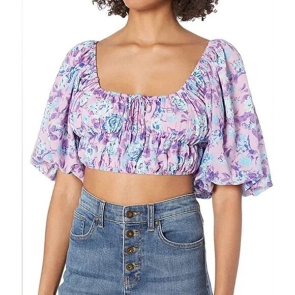 For Love and Lemons Belize Crop Top Purple Blue Floral Puff Sleeve Medium - Picture 1 of 6